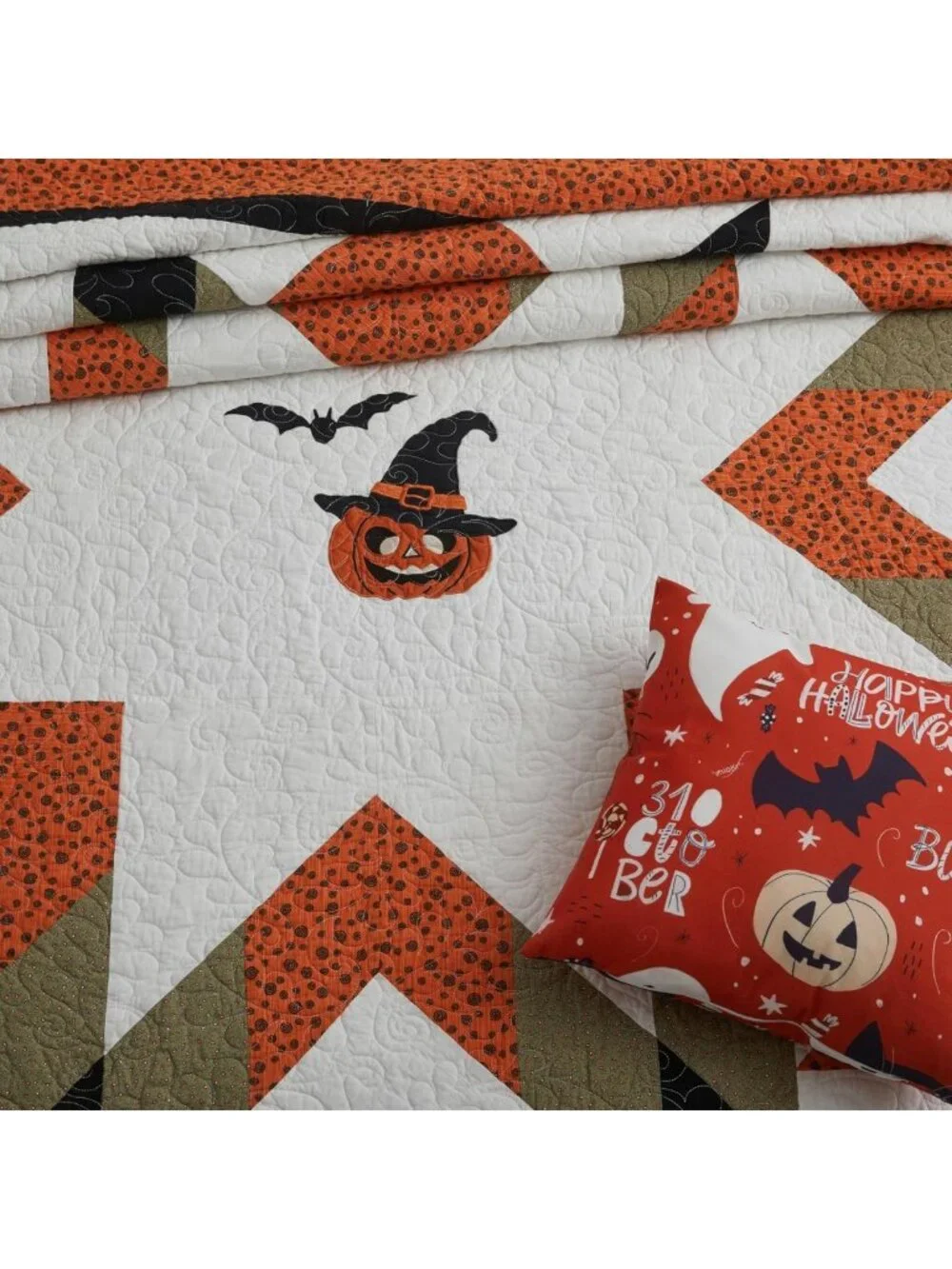 Queen Size Halloween Quilt Set - Fall Cotton Bedding, Cozy 90